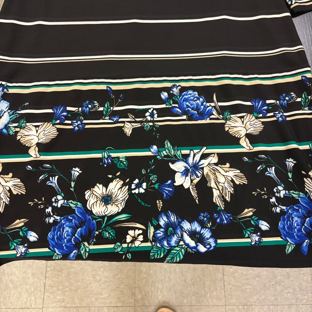 White House Black Market Floral Stripe Dress Black Blue Square Neck 3/4 Sleeve M - Picture 3 of 7